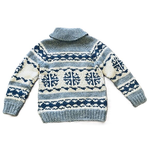 Cowichan Hand Knit Wool Cardigan Sweater Blue/Cream Snowflake Pattern Vintage - Picture 8 of 8